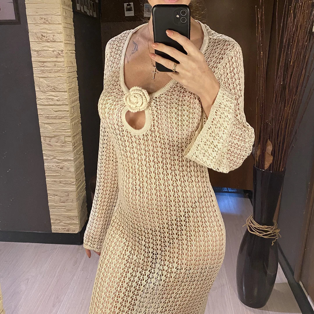 3D Flower V Neck Long Sleeve Crochet Knitted Tunic Beach Cover Up Cover-ups Beach Dress Beach Wear Beachwear Female Women V5852