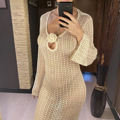 3D Flower V Neck Long Sleeve Crochet Knitted Tunic Beach Cover Up Cover-ups Beach Dress Beach Wear Beachwear Female Women V5852