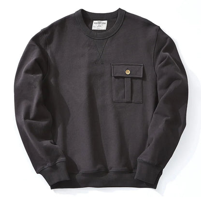 Men's Amekaji 490g Heavyweight French Terry Sweatshirt - Solid Color Crew Neck Pullover Kangaroo Pocket Thick Hoodie