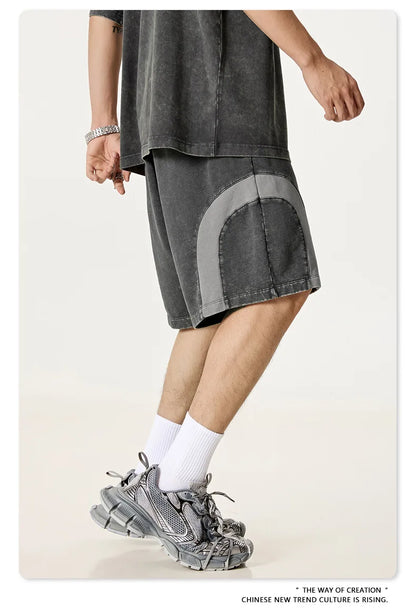 Customized LOGO men's summer European and American hip-hop style splicing contrasting shorts loose straight five-point pants