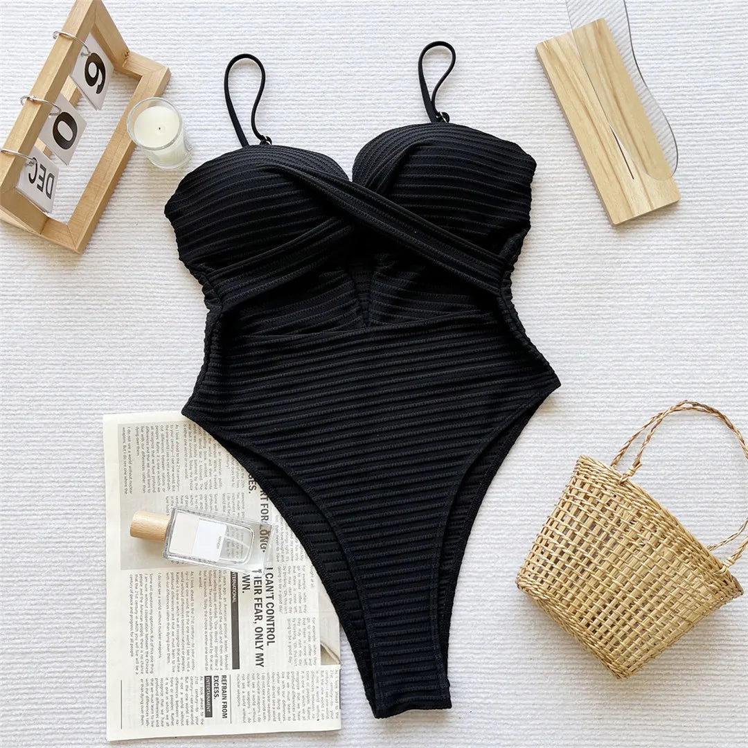 Sexy Ribbed Cut Out U Neck Women Swimwear One Piece Swimsuit Female Monokini High Cut Leg Padded Bather Bathing Suit Swim V7604