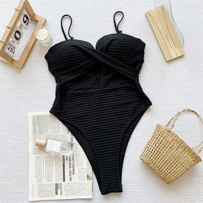 Sexy Ribbed Cut Out U Neck Women Swimwear One Piece Swimsuit Female Monokini High Cut Leg Padded Bather Bathing Suit Swim V7604
