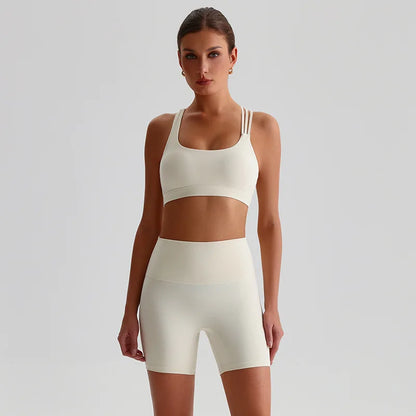 Solid Color High Impact Solid Gym Yoga Set Tight Legging Fitness Cross-back straps Bra Top 2pcs Soft Sport Suit  Women Sportwear