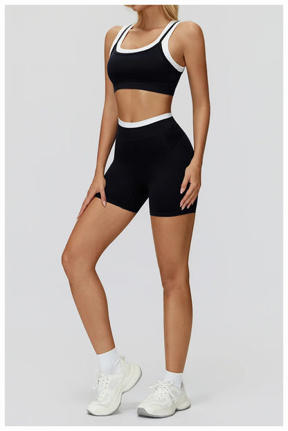 TRY TO BN Yoga Shorts Sets Women's Tracksuit Two Fake Pieces Sports Ribbed Contrasting Color Workout Running Fitness Gym Clothes