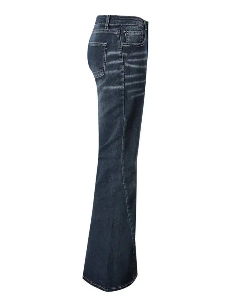 DEAT Fashion Flared Denim Jeans Women's Mid Rise Whiskered Wash Dark Blue Bootcut Jeans Summer New