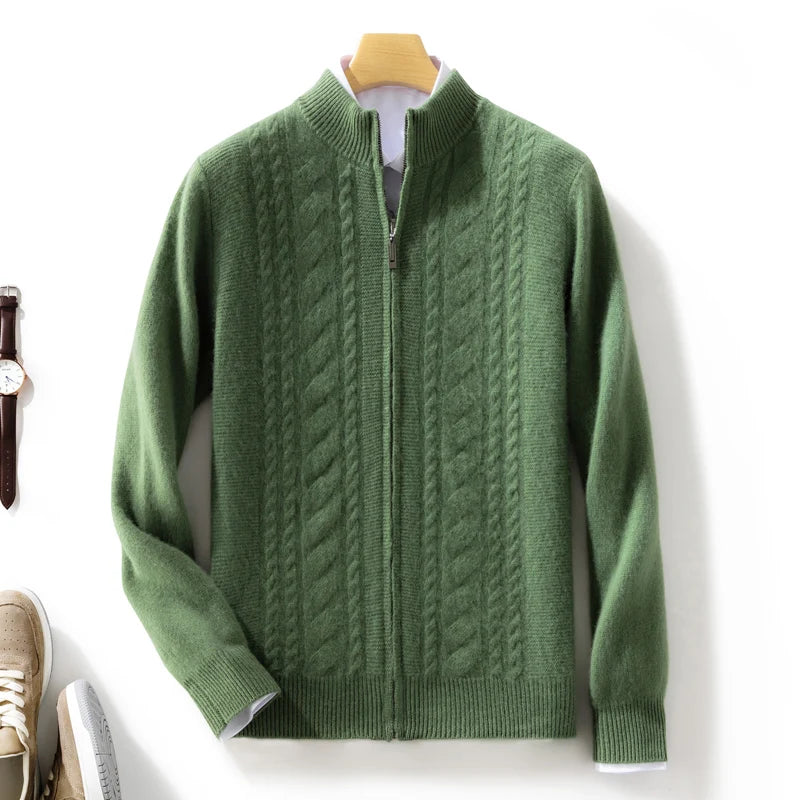 High Quality Men Mock Collar Twisted Cardigan Autumn Winter Thick Zipper 100% Merino Wool Sweater Casual Coat Cashmere Knitwear