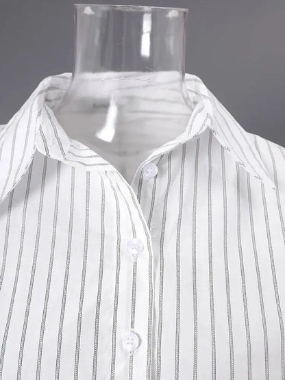 DEAT Fashion Striped Wrap Tie Waist Shirt Mini Dress Women's Lapel Asymmetric Ruched Hem Striped Bodycon Dresses Summer New