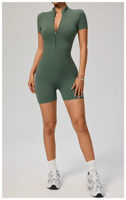 TRY TO BN Sports Jumpsuit Zipper Short Sleeves Yoga Sportswear Fitness Workout Bodysuit One Piece Suits Tights Gym Woman Clothes
