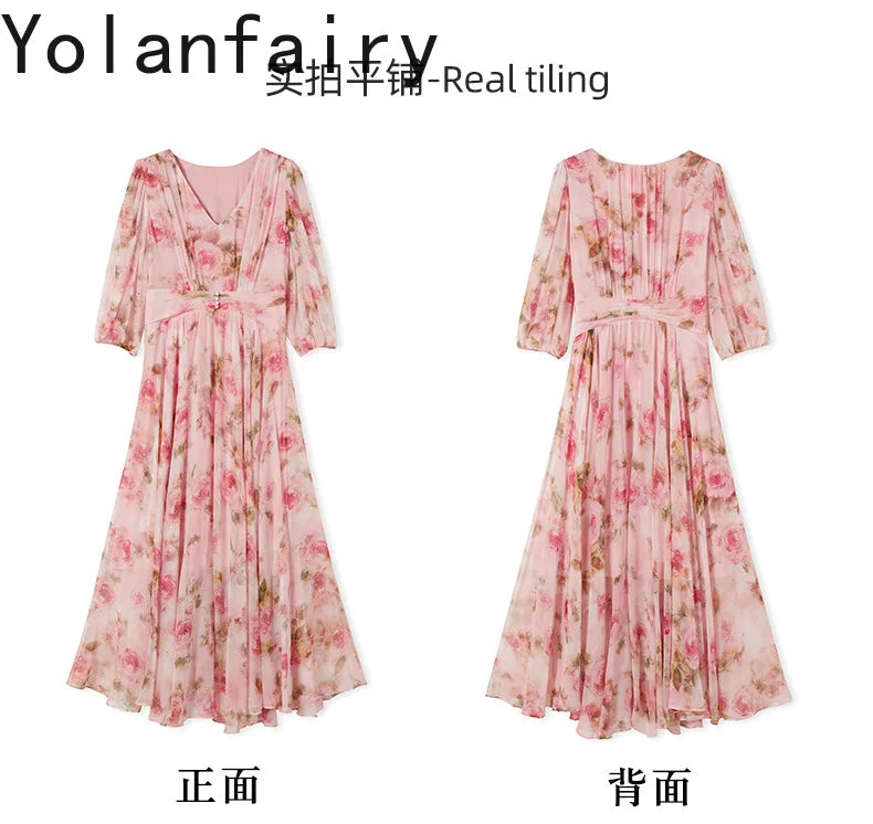 YOLANFAIRY 100% Real Silk Floral Dresses Woman Summer Clothes Elegant Mulberry Silk Pink Dress Romantic Women's Birthday Dress