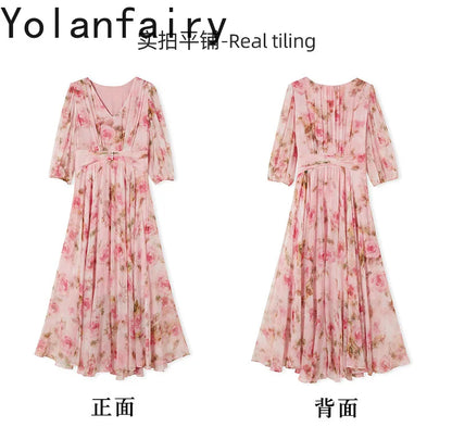 YOLANFAIRY 100% Real Silk Floral Dresses Woman Summer Clothes Elegant Mulberry Silk Pink Dress Romantic Women's Birthday Dress