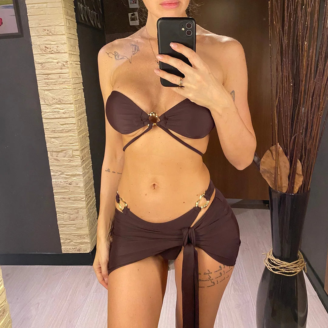 New Bandeau With Skirt Bikini Women Swimwear Female Swimsuit Three-pieces Bikini set High Leg Cut Bather Bathing Suit Swim V6264