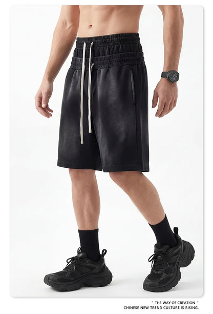 Custom LOGO men's 320G heavy 100% washed and old double waist high waist medium pants loose casual sports five-point shorts