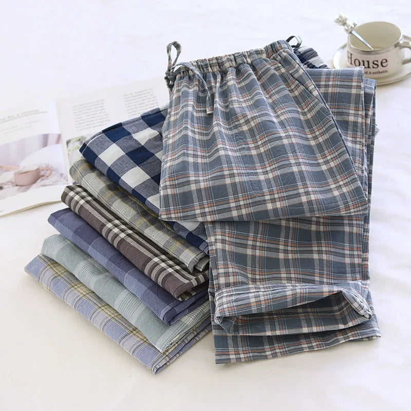 2026 New Spring and Autumn Men's Sleeper Pants 100% Cotton Gauze Japanese Checkered Pants Elastic Waist Home Pants Sleepwear