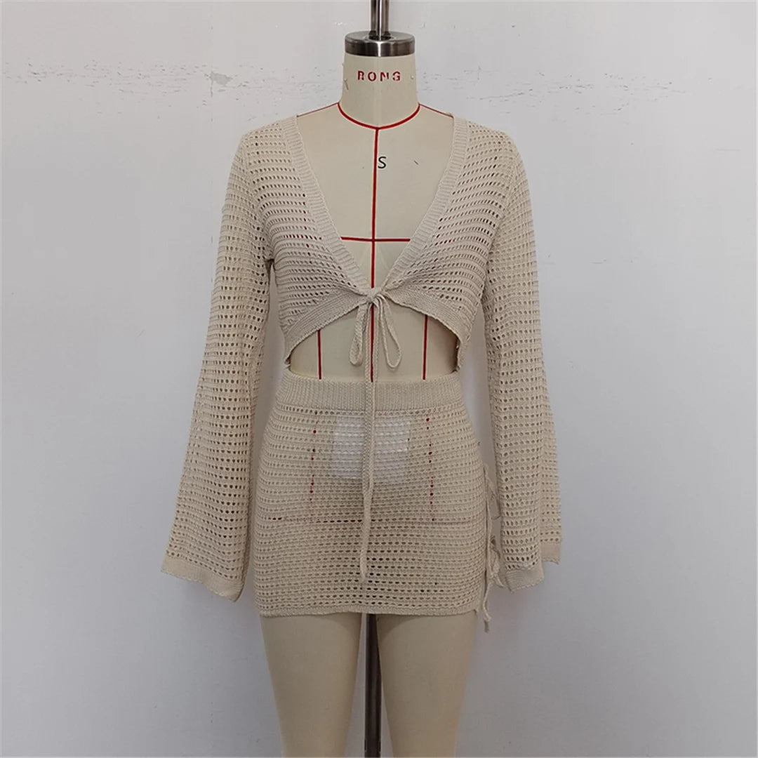 V Neck Long Sleeve Crochet Knitted 2 Pieces Suits Beach Cover Up Cover-ups Beach Dress Beach Wear Beachwear Female Women V6490