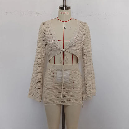 V Neck Long Sleeve Crochet Knitted 2 Pieces Suits Beach Cover Up Cover-ups Beach Dress Beach Wear Beachwear Female Women V6490