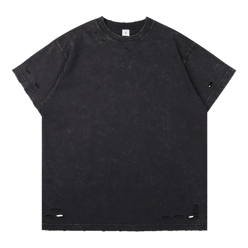 DIY Custom LOGO DIY 300gsm Heavy Thick Ripped Holes Short Sleeves T-shirt Solid Color Oversized Casual Summer Harakuju Tees