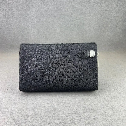 Authentic Sand Polish Stingray Skin Business Zip Lock Wristlet Clutch, Genuine Exotic Leather Black Card Purse for Men
