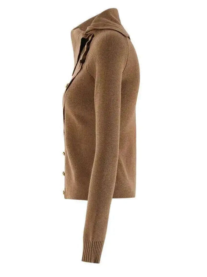 DEAT Fashion Brown Irregular Knitted Tops Women's Turtleneck Slim Fit Button Long Sleeves Short Sweater Autumn New