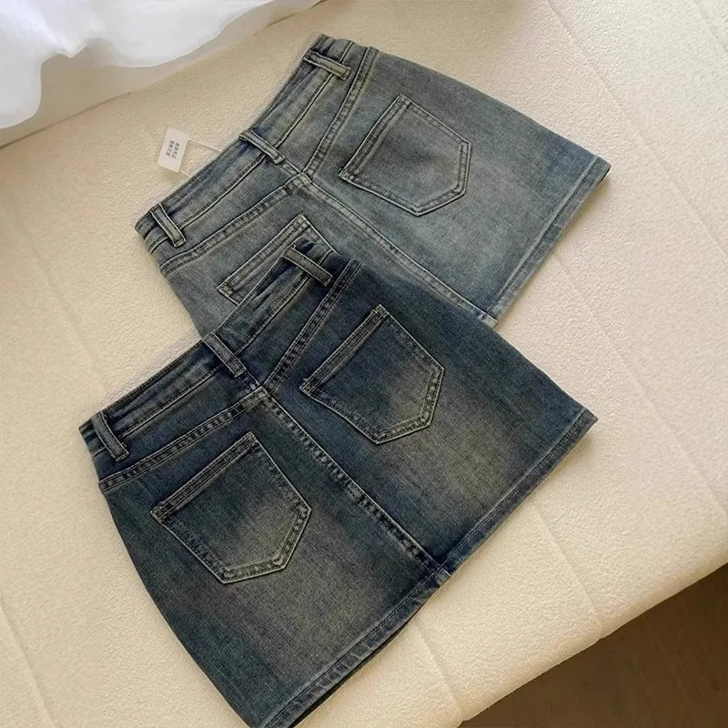 Sexy Retro Denim  Skirt Women's Anti-Light Versatile High Waist A-Line Slimming American Hot Girl Bodycon Half-length Ski...