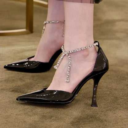2025 Spring/Summer New Sexy and Versatile Hollow Pointed Shallow Mouth Fine Heel Chain Diamond High Heel Sandals for Women