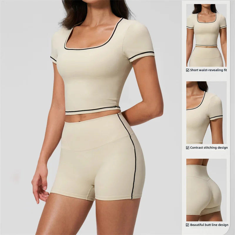 TRY TO BN 2 Pieces Women's Tracksuit Yoga Short Sleeves Top Sets High Waist Shorts Contrasting Color Running Fitness Gym Clothes