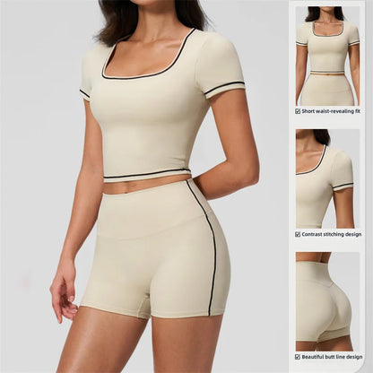 TRY TO BN 2 Pieces Women's Tracksuit Yoga Short Sleeves Top Sets High Waist Shorts Contrasting Color Running Fitness Gym Clothes