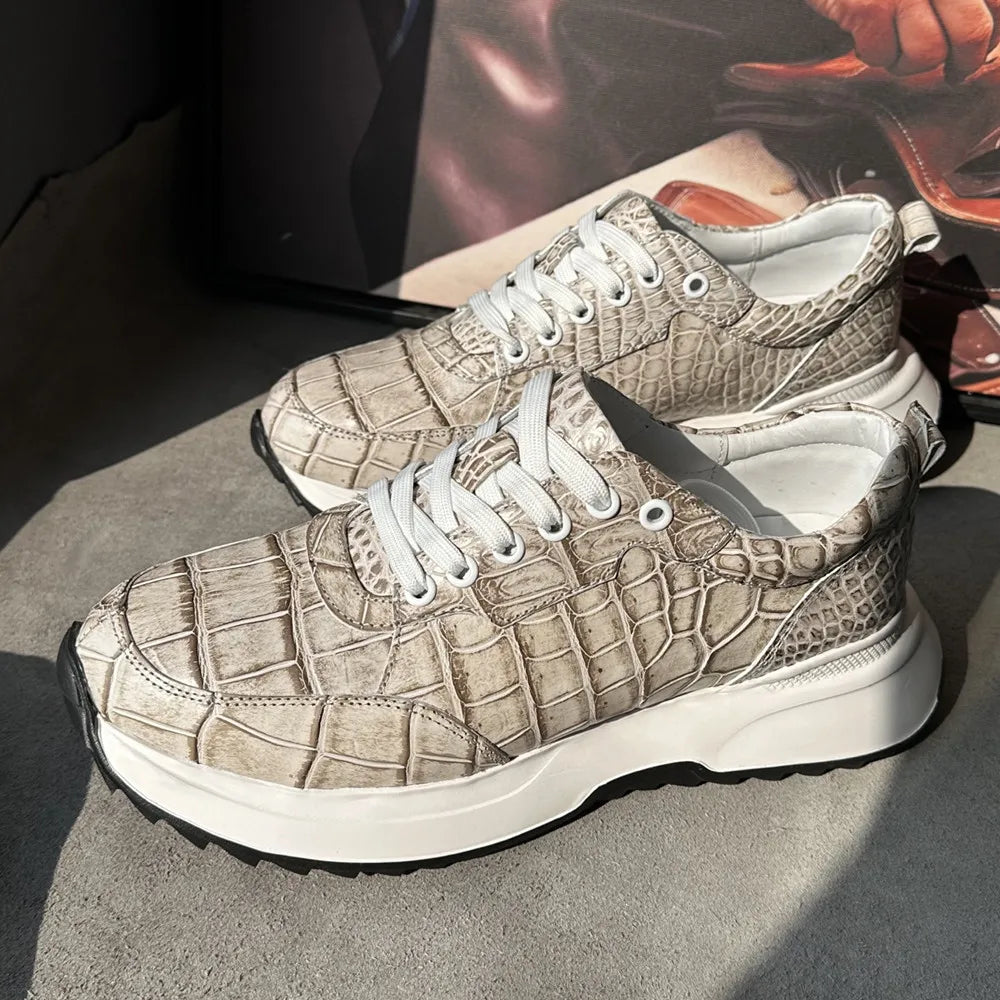 Designer real crocodile leather hand-painted aurora blue men's fashion sneakers crocodile leather men's lace-up casual shoes