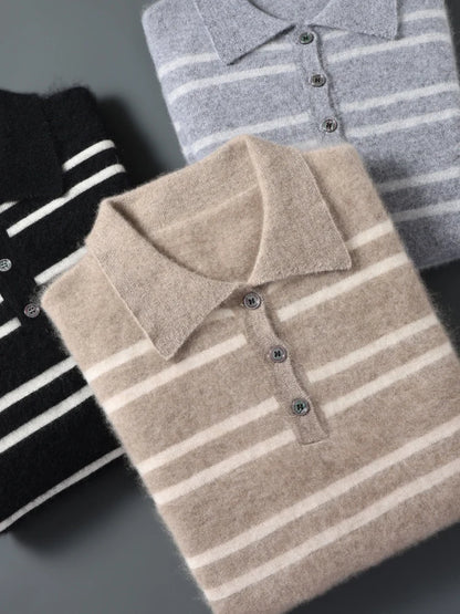 Men Leisure 100% Merino Wool Sweater Polo Collar Knit Pullover Autumn Winter Cashmere Clothing Casual Business Color Stripe Top