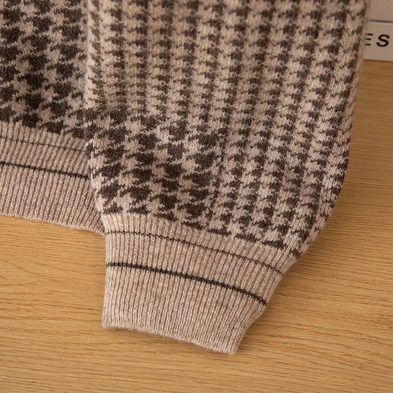 Men's V-Neck Cardigan Business Casual Jacquard Thickened Jacket 100% Merino Wool Knit Coat Autumn Winter Warmth Men's Clothing