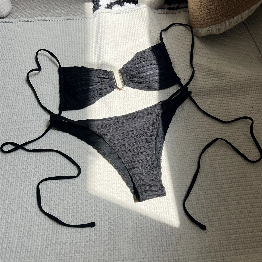 U Neck Wrinkled Crinkled Bikini Women Swimwear Female Swimsuit Two-pieces Bikini set High Cut Bather Bathing Suit Swim V5708B