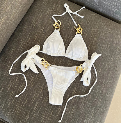 Metal Rings Halter Wrinkled Bikini Female Swimsuit Women Swimwear Two-pieces Bikini set Bather Bathing Suit Swim Lady V4149SW