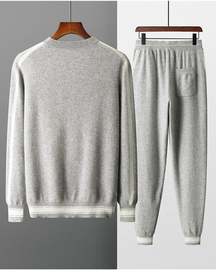 Autumn and Winter 100% Pure Cashmere 2-Piece set Men Loose and Warm Round Neck Pullover Sweater Knitted Casual Pencil Pants Suit