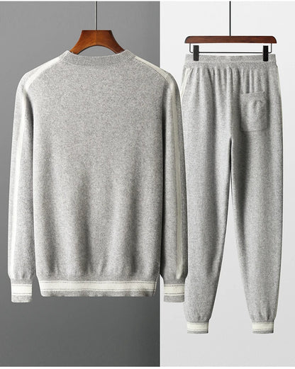 Autumn and Winter 100% Pure Cashmere 2-Piece set Men Loose and Warm Round Neck Pullover Sweater Knitted Casual Pencil Pants Suit