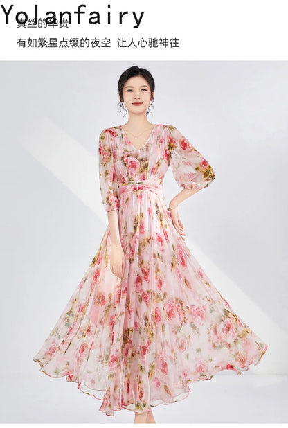 YOLANFAIRY 100% Real Silk Floral Dresses Woman Summer Clothes Elegant Mulberry Silk Pink Dress Romantic Women's Birthday Dress