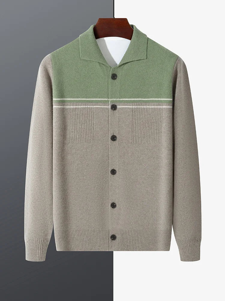 100% Merino Wool Men's Lapel Collar Knit Cardigan Coat 2025 Spring/ Autumn New POLO Neck Business Casual Cashmere Jacket Sweater