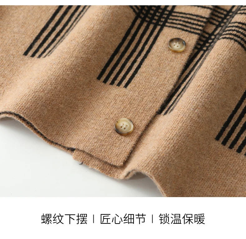 100% Merino Wool Men's Lapel Collar Knit Cardigan Coat 2025 Spring/ Autumn New POLO Neck Grid Suit Shirt Cashmere Jacket Sweater