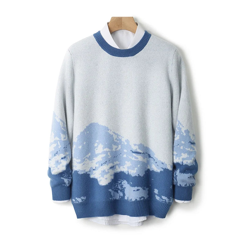 Autumn/Winter New 100% Merino Wool Knit Sweater Men's O-Neck Color Block Cashmere Pullover Business Casual Thick Long-Sleeved