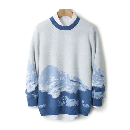 Autumn/Winter New 100% Merino Wool Knit Sweater Men's O-Neck Color Block Cashmere Pullover Business Casual Thick Long-Sleeved