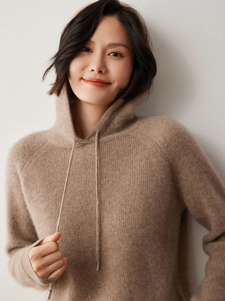 CHICUU Autumn Winter Women Hoodie Pullover Sweater 100% Cashmere Knitwear Soft Warm Casual Style Hooded Sweater Tops