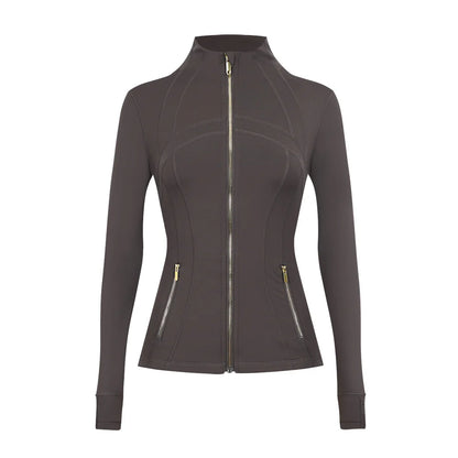 Personalized LOGO custom women's gold zip jacket tight stand-up collar quick-drying fitness running yoga suit 41-color S-3XL top