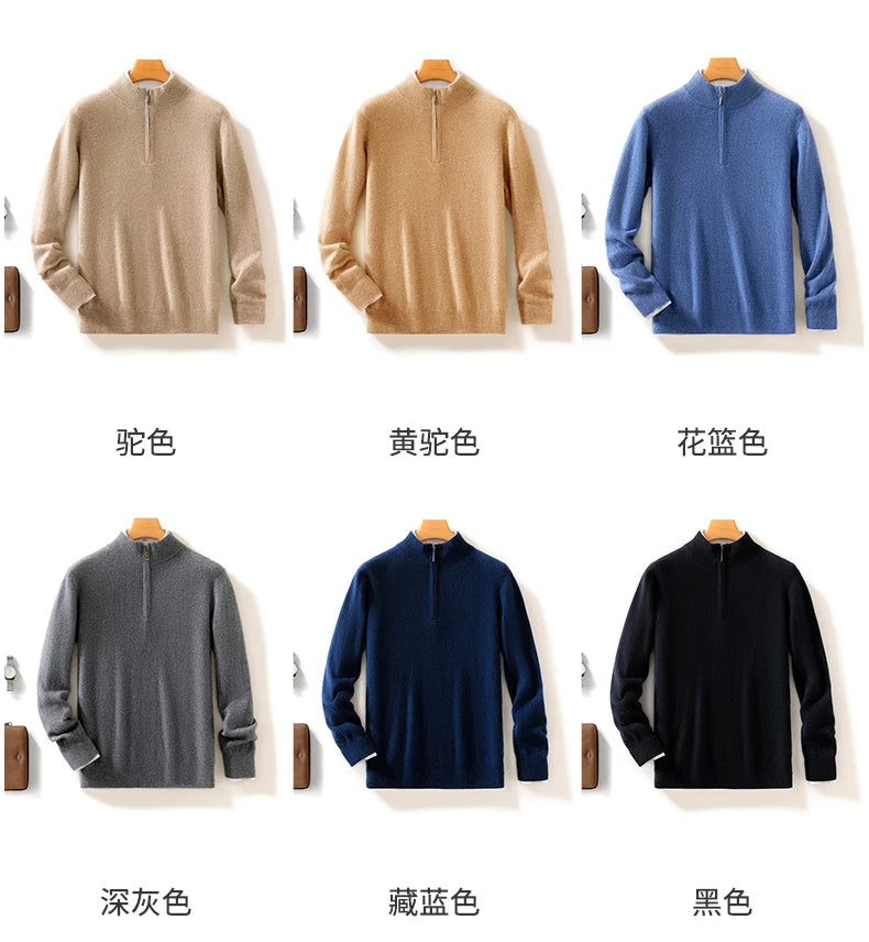 High-end 100% Cashmere Pullover for Men Mock Collar Thick Sweater Autumn Winter Knitted Jumper Warm Clothing Smart Casual Top