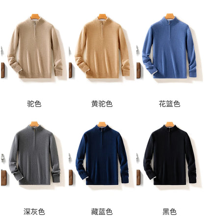High-end 100% Cashmere Pullover for Men Mock Collar Thick Sweater Autumn Winter Knitted Jumper Warm Clothing Smart Casual Top
