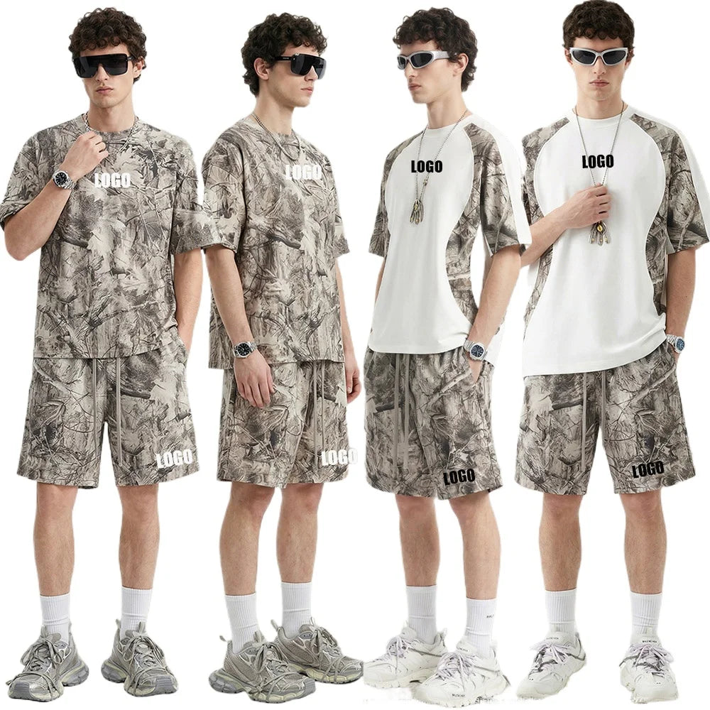 Custom LOGO men's summer camouflage splicing 240G quick-drying cotton polyester short-sleeved T-shirt loose sports shorts set