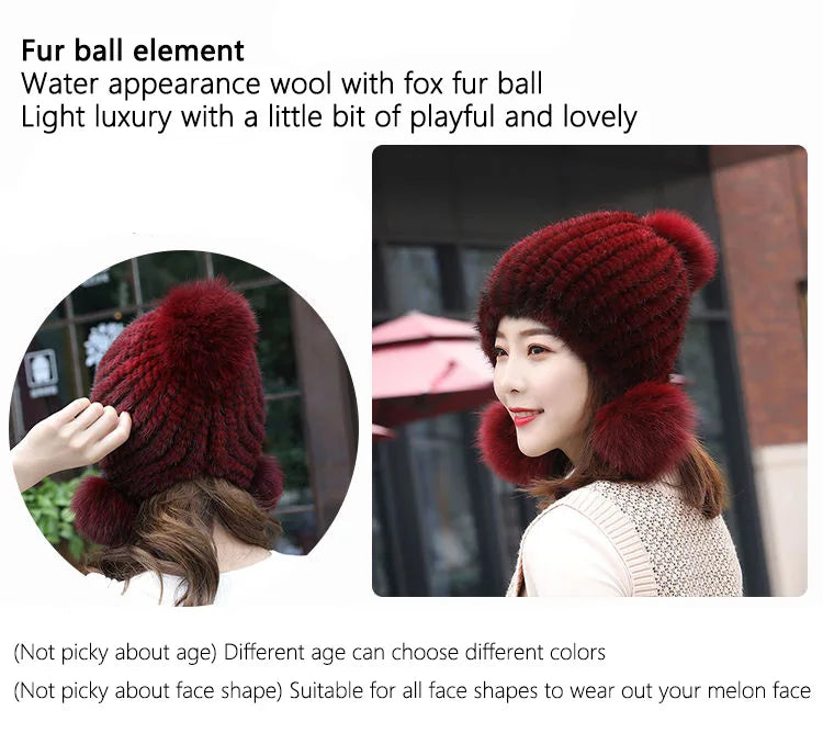 Fashion Women Real mink hat Winter warm mink fur knit hats Women fox fur ball cap