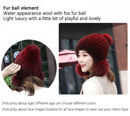 Fashion Women Real mink hat Winter warm mink fur knit hats Women fox fur ball cap