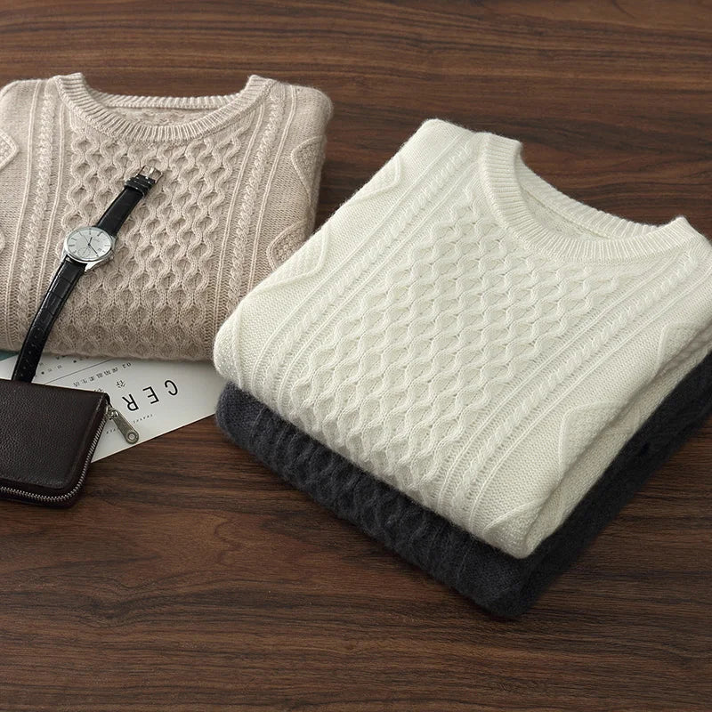 Men's 100% Cashmere Sweater Round Neck Autumn Winter Warm Clothing Jacquard Checkered Pullover Sweater Knitted Bottom Shirt Tops