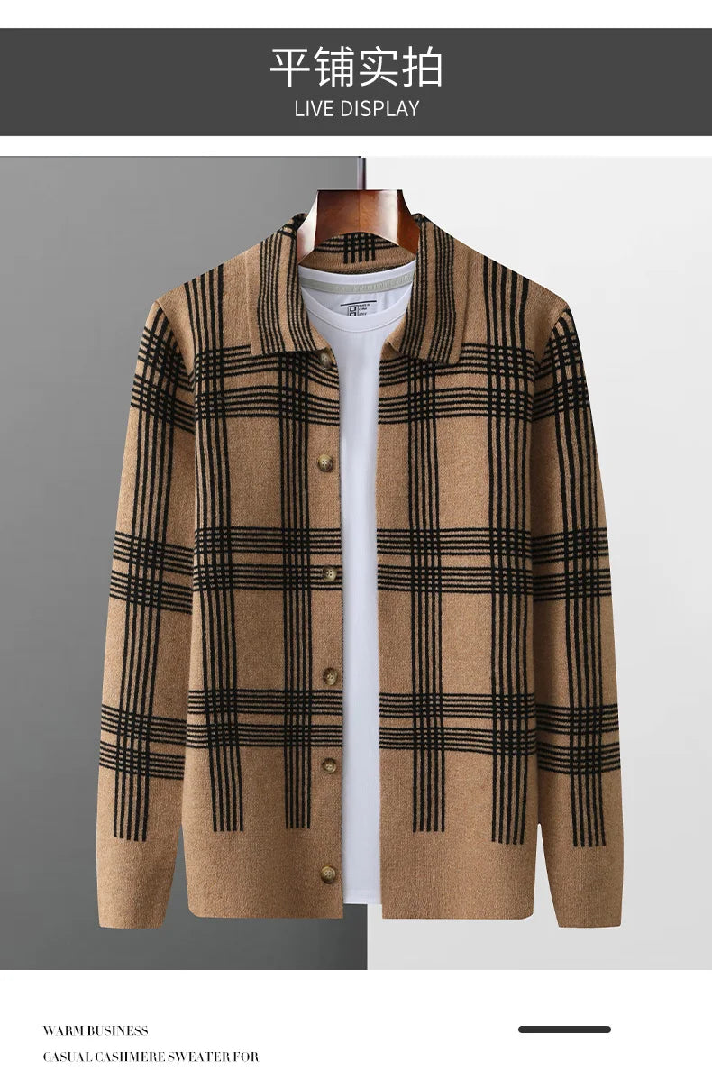 100% Merino Wool Men's Lapel Collar Knit Cardigan Coat 2025 Spring/ Autumn New POLO Neck Grid Suit Shirt Cashmere Jacket Sweater