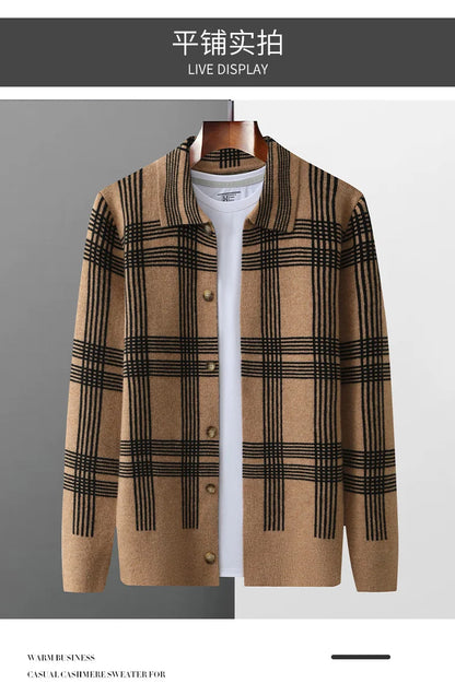 100% Merino Wool Men's Lapel Collar Knit Cardigan Coat 2025 Spring/ Autumn New POLO Neck Grid Suit Shirt Cashmere Jacket Sweater