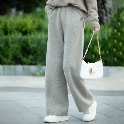 DjzDsm Women's 100% Merino Wool Wide Leg Straight Leg Pants Autumn Winter Thickened Comfortable Fit Trousers