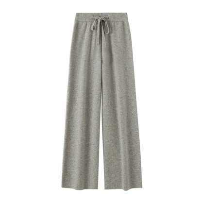 Autumn Winter Fashion Basic Women 100% Merino Wool Wide Leg Pants  Simple Style Cashmere Knitted Trousers Loose Casual Pants